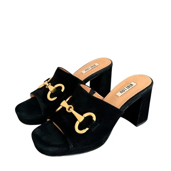 Anthropologie Bibi Lou Horsebit Mules  Black Suede Block Heel Platform Sandals