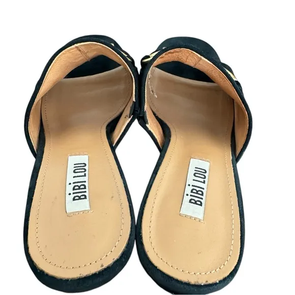Anthropologie Bibi Lou Horsebit Mules  Black Suede Block Heel Platform Sandals