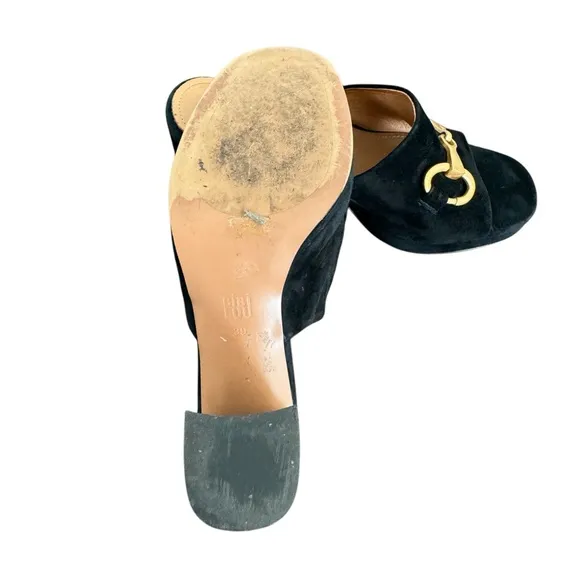 Anthropologie Bibi Lou Horsebit Mules  Black Suede Block Heel Platform Sandals