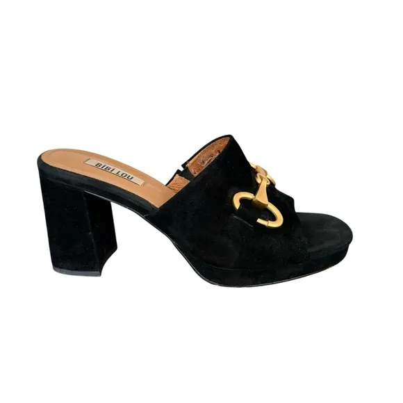 Anthropologie Bibi Lou Horsebit Mules  Black Suede Block Heel Platform Sandals
