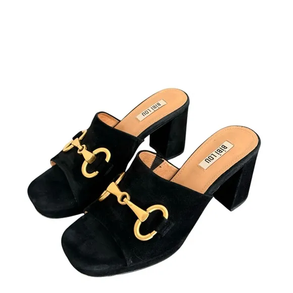 Anthropologie Bibi Lou Horsebit Mules  Black Suede Block Heel Platform Sandals