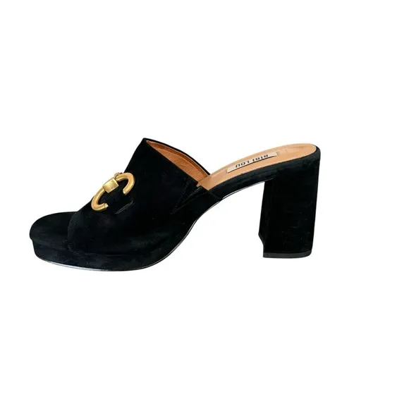 Anthropologie Bibi Lou Horsebit Mules  Black Suede Block Heel Platform Sandals