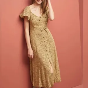 Anthropologie Cheetah Print Dress Button Front Midi Dress Size 8