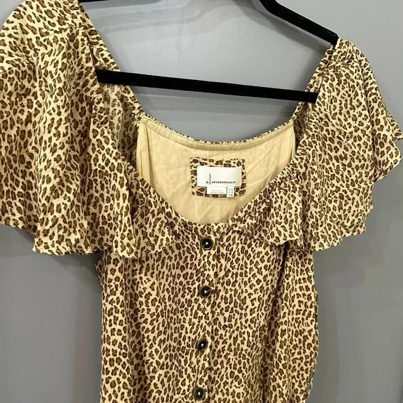 Anthropologie Cheetah Print Dress Button Front Midi Dress Size 8