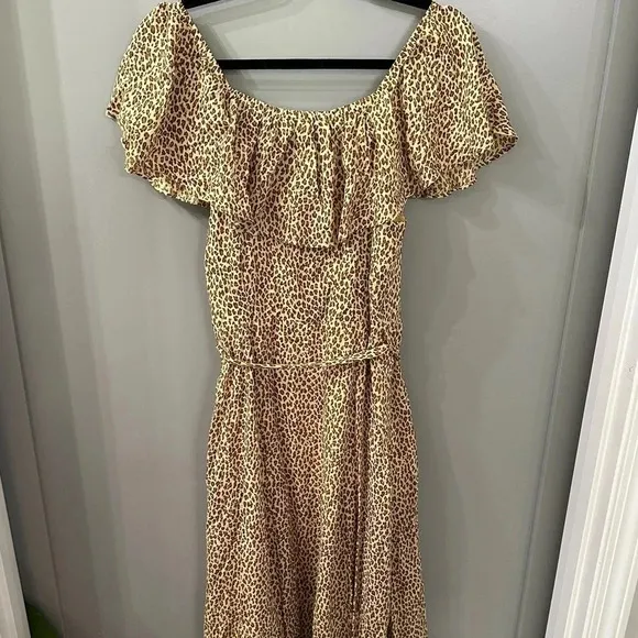 Anthropologie Cheetah Print Dress Button Front Midi Dress Size 8