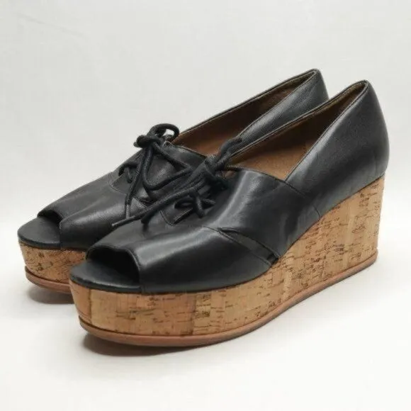 Anthropologie Fiel Women's 8.5 Black Leather Lace Up Platform Open Toe Oxfords