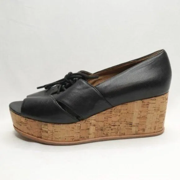 Anthropologie Fiel Women's 8.5 Black Leather Lace Up Platform Open Toe Oxfords