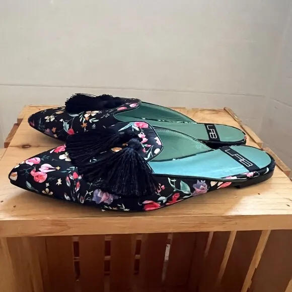 Anthropologie LAB Size 38 8 Black Floral Tasseled Pointed Toe Slides Flats Mules