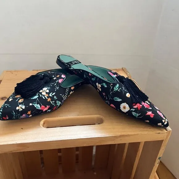 Anthropologie LAB Size 38 8 Black Floral Tasseled Pointed Toe Slides Flats Mules