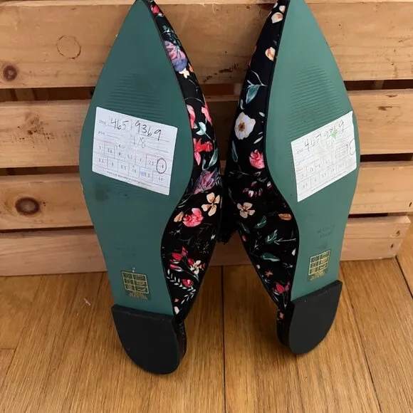 Anthropologie LAB Size 38 8 Black Floral Tasseled Pointed Toe Slides Flats Mules