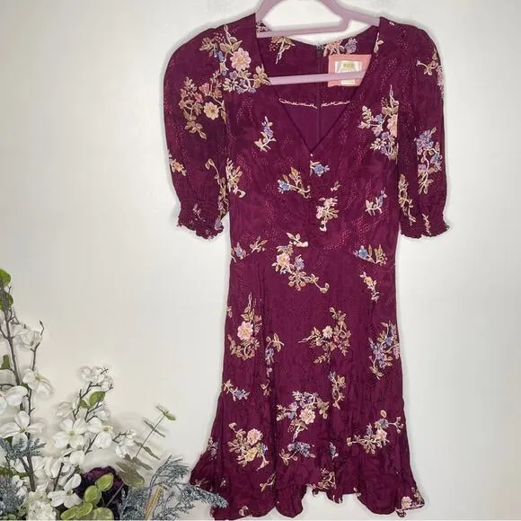 ANTHROPOLOGIE Maeve Elisabeth Floral Dress Maroon Lace {J24}