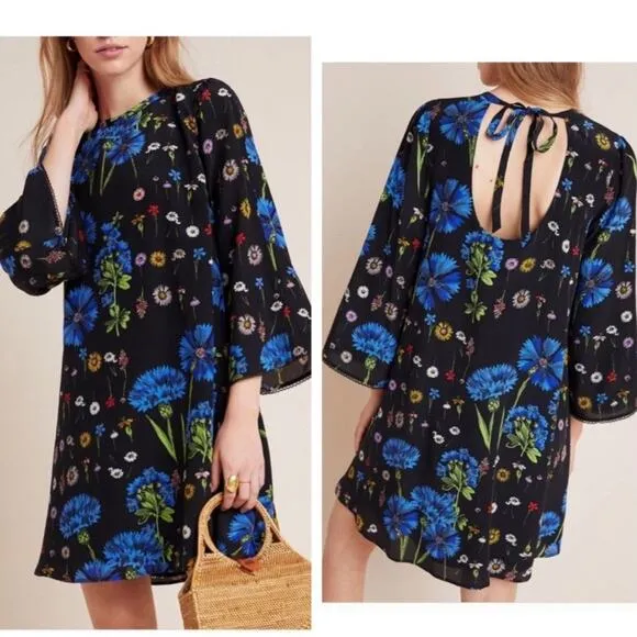Anthropologie Maeve Wildflowers Print 100% Silk Tunic Dress Flutter Sleeve Small