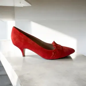 ANTHROPOLOGIE NEW RED SUEDE KITTEN HEEL RUFFLE PUMPS SIZE 7.5