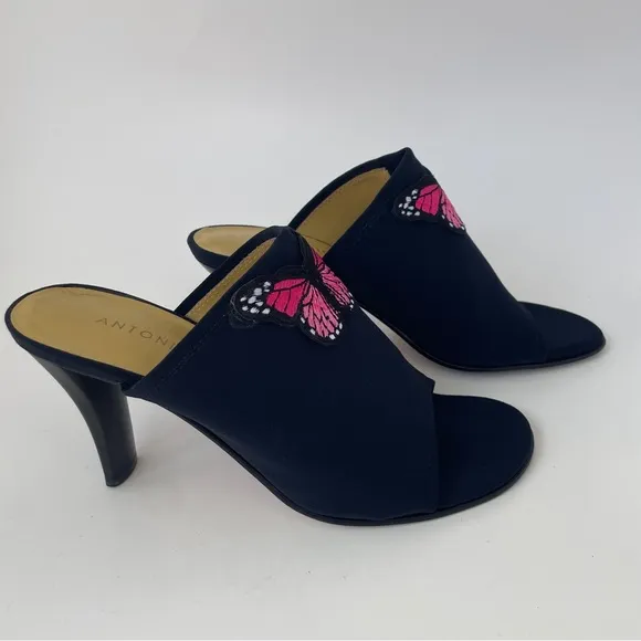ANTONIO MELANI Black and Pink Mules with Butterfly Detail