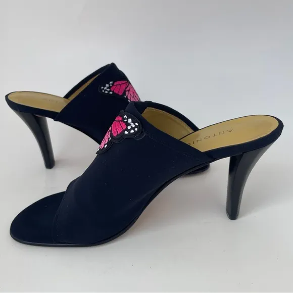 ANTONIO MELANI Black and Pink Mules with Butterfly Detail