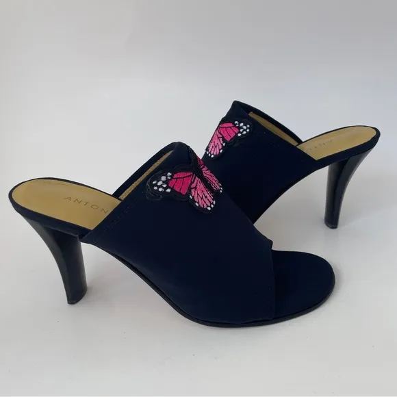 ANTONIO MELANI Black and Pink Mules with Butterfly Detail