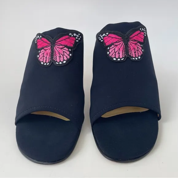 ANTONIO MELANI Black and Pink Mules with Butterfly Detail