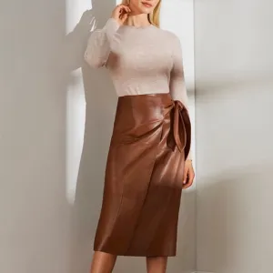 ANTONIO MELANI Luggage Brown Soft Genuine Leather Faux Wrap Knee Skirt NWT