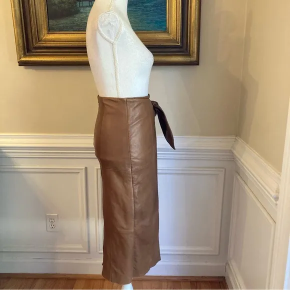 ANTONIO MELANI Luggage Brown Soft Genuine Leather Faux Wrap Knee Skirt NWT