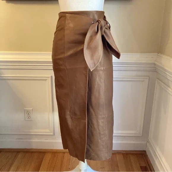 ANTONIO MELANI Luggage Brown Soft Genuine Leather Faux Wrap Knee Skirt NWT
