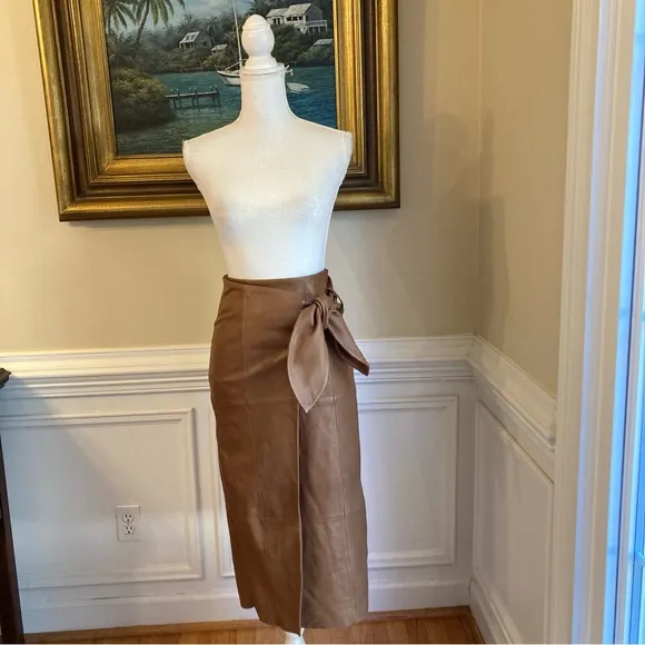 ANTONIO MELANI Luggage Brown Soft Genuine Leather Faux Wrap Knee Skirt NWT