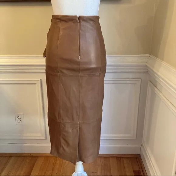 ANTONIO MELANI Luggage Brown Soft Genuine Leather Faux Wrap Knee Skirt NWT