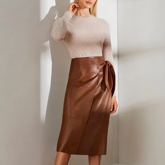 ANTONIO MELANI Luggage Brown Soft Genuine Leather Faux Wrap Knee Skirt NWT
