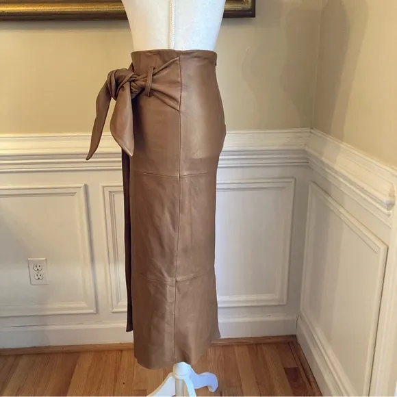 ANTONIO MELANI Luggage Brown Soft Genuine Leather Faux Wrap Knee Skirt NWT