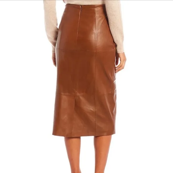 ANTONIO MELANI Luggage Brown Soft Genuine Leather Faux Wrap Knee Skirt NWT
