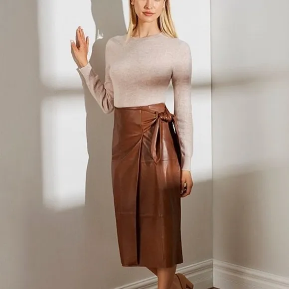 ANTONIO MELANI Luggage Brown Soft Genuine Leather Faux Wrap Knee Skirt NWT