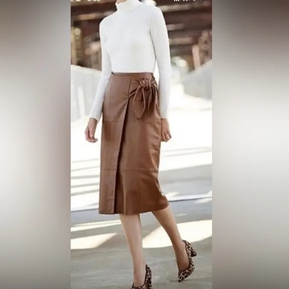 ANTONIO MELANI Luggage Brown Soft Genuine Leather Faux Wrap Knee Skirt NWT