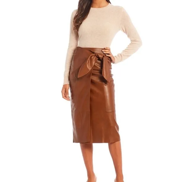 ANTONIO MELANI Luggage Brown Soft Genuine Leather Faux Wrap Knee Skirt NWT