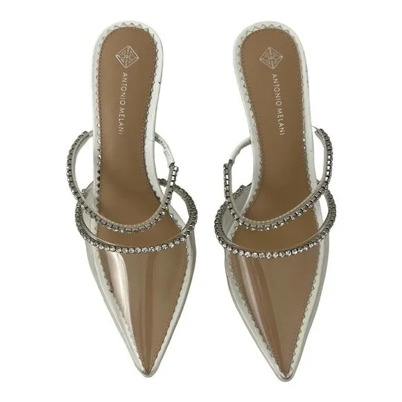 Antonio Melani Womens Size 9 Elisha Vinyl Rhinestone Mules Clear Heels New