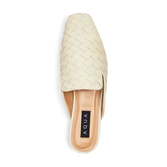 AQUA Womens Beige Woven Kiara Square Toe Block Heel Slip On Leather Mules 9.5 M