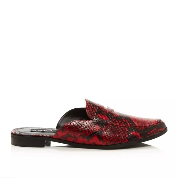 AQUA Womens Red Snake Penny Strap Gina Round Toe Block Heel Slip On Mule…