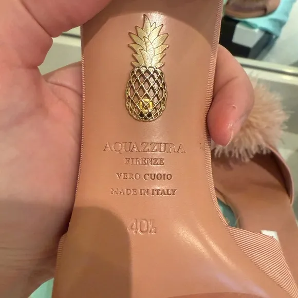 Aquazzura Pink and Tan Pom-Pom Mules