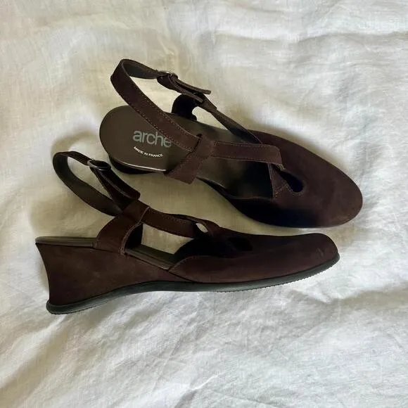 Arche Maryjane Leather Nubuck Suede Cross Strap Sandals Wedge Heel Sz 41 US 9.5