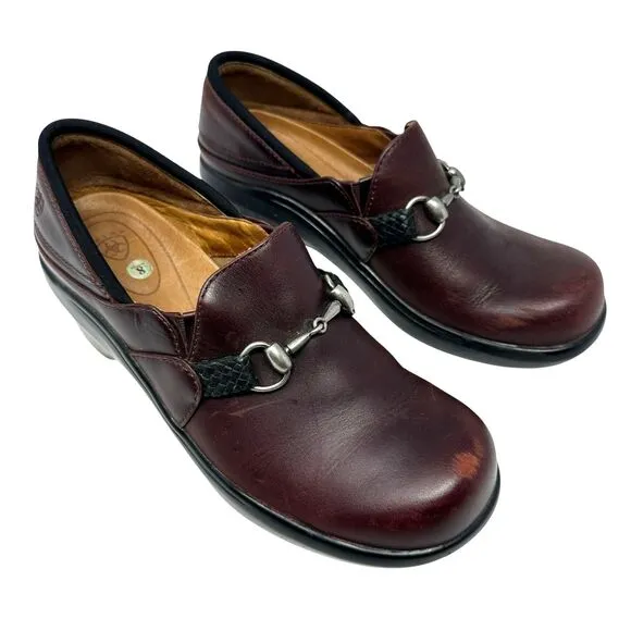 Ariat Maroon Brown Leather Slip On Clogs Horse Snaffle Bit Size 8