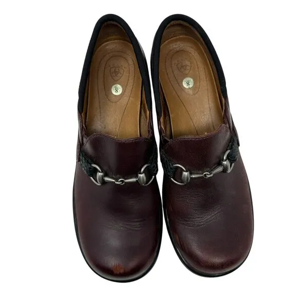 Ariat Maroon Brown Leather Slip On Clogs Horse Snaffle Bit Size 8
