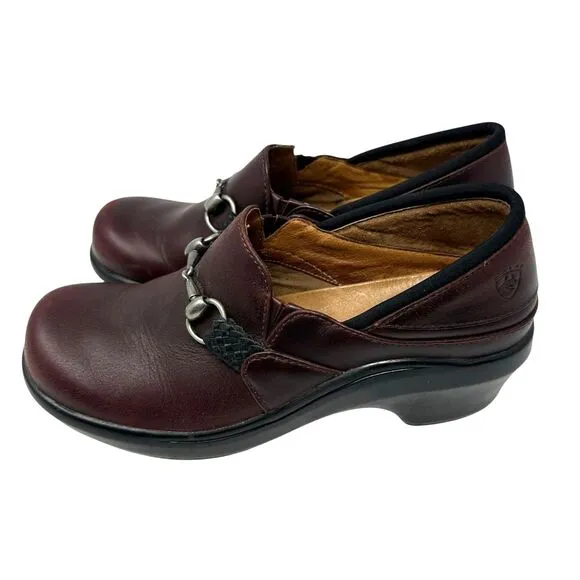 Ariat Maroon Brown Leather Slip On Clogs Horse Snaffle Bit Size 8