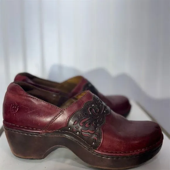 Ariat Red Leather Embroidered Western Clogs Size 9.5B Boho Cowgirl Mule Shoes