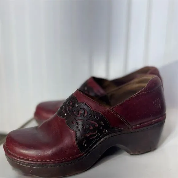 Ariat Red Leather Embroidered Western Clogs Size 9.5B Boho Cowgirl Mule Shoes