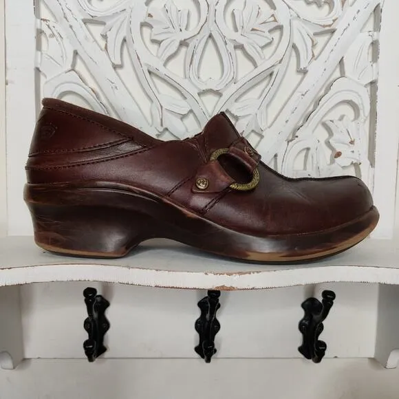 Ariat Shasta Brown Leather Slip On Harness Clogs Size 8.5