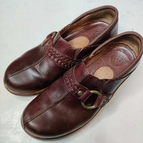 Ariat Shasta Brown Leather Slip On Harness Clogs Size 8.5
