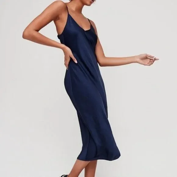 Aritzia Wilfred Only Slit Slip Midi Dress Classic Navy Blue Size XS
