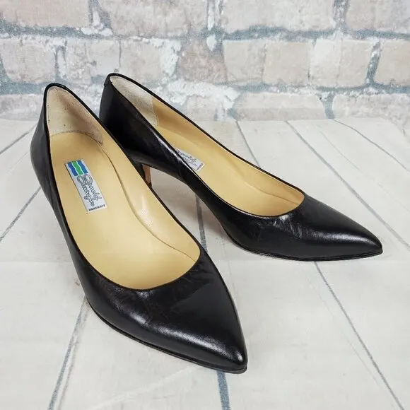 Arnold Churgin Kitten Heels Black Leather Pointed Toe Italy Classic Size 401/2