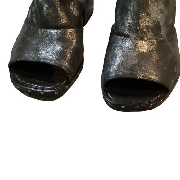 A.S.9.8 Metallic Black Silver Open Toe Mule Block Heel Slides Mules size EU 36