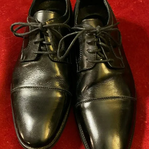 ASHER GREEN Mens Size 10 Black Leather Cap Toe Lace Up Oxfords Dress Shoes Work
