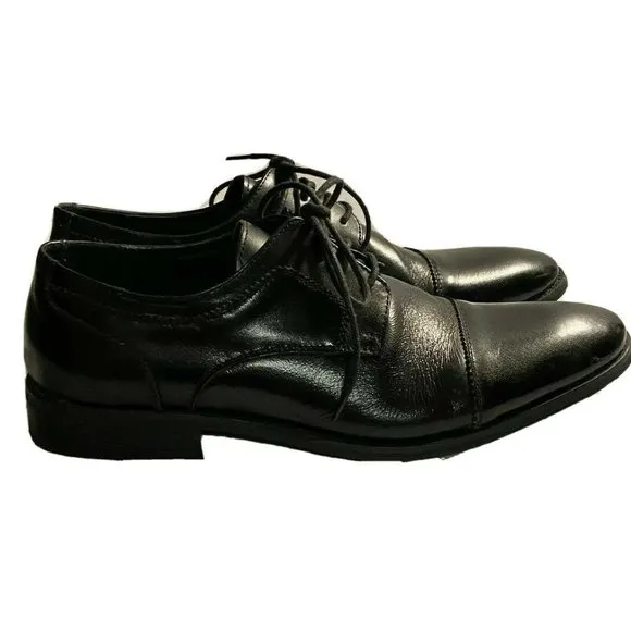 ASHER GREEN Mens Size 10 Black Leather Cap Toe Lace Up Oxfords Dress Shoes Work