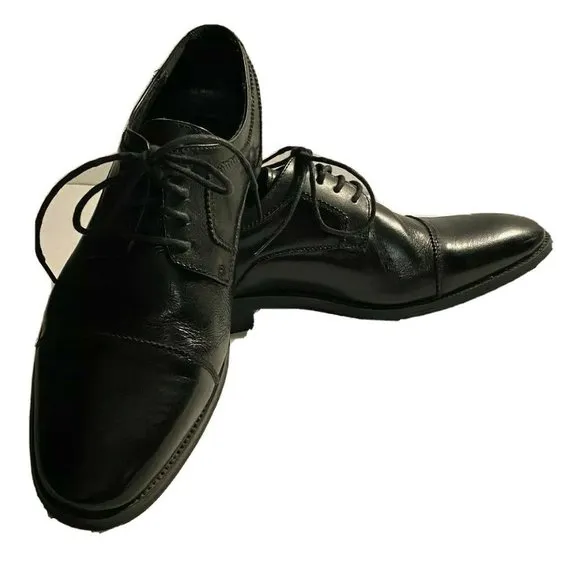 ASHER GREEN Mens Size 10 Black Leather Cap Toe Lace Up Oxfords Dress Shoes Work